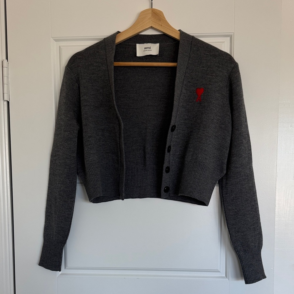 Ami Charcoal Cardigan with Red Accent